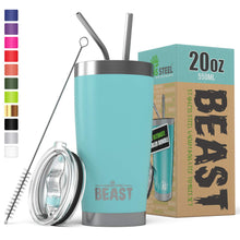 Load image into Gallery viewer, BEAST 20oz Tumbler Insulated Stainless Steel Coffee Cup with Lid, 2 Straws, Brush &amp; Gift Box by Greens Steel (20 oz, Aquamarine Blue) 20 oz